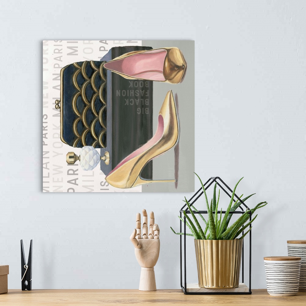 A bohemian room featuring Contemporary still life painting of stylish gold high heels, clutch, perfume bottle, and a fashio...