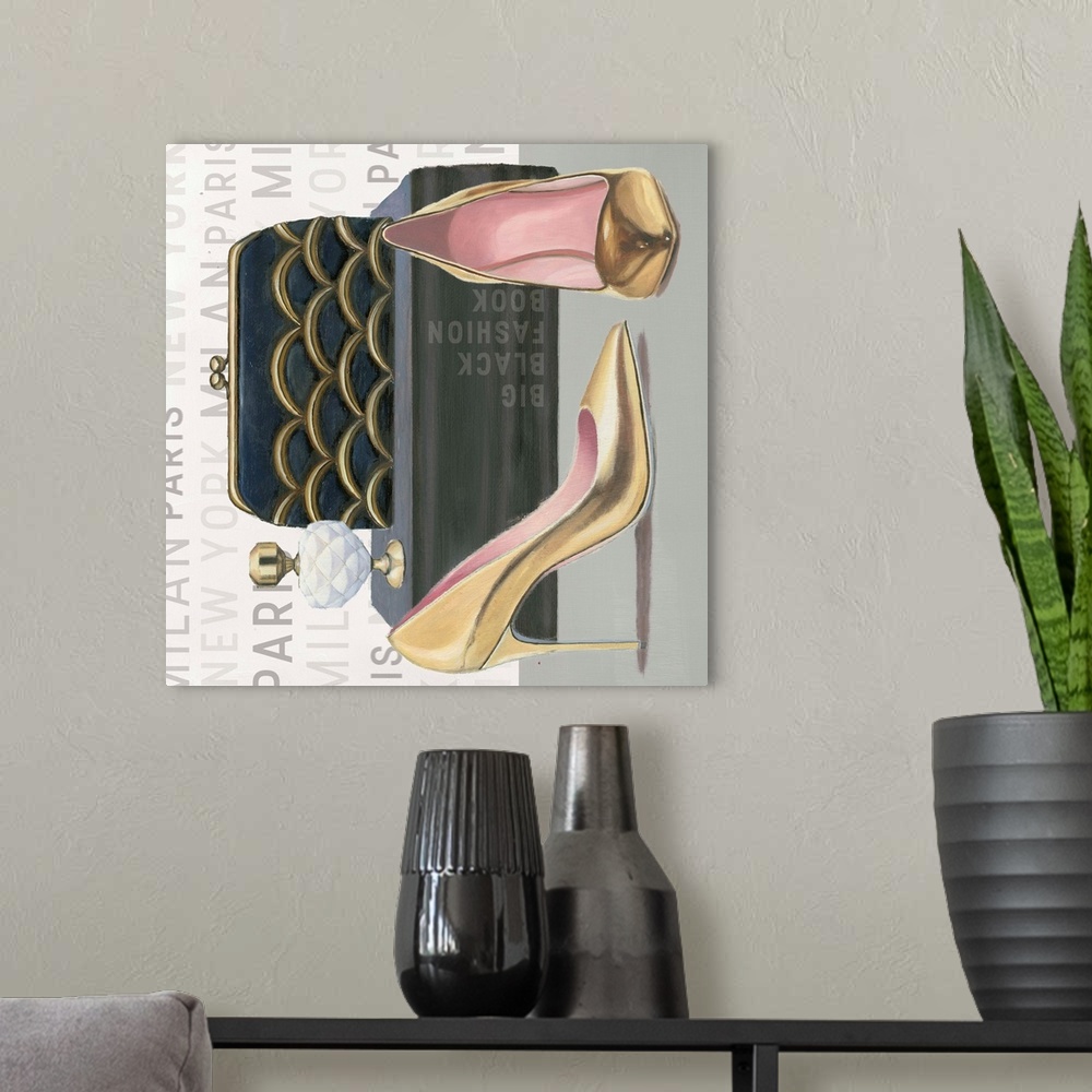 A modern room featuring Contemporary still life painting of stylish gold high heels, clutch, perfume bottle, and a fashio...