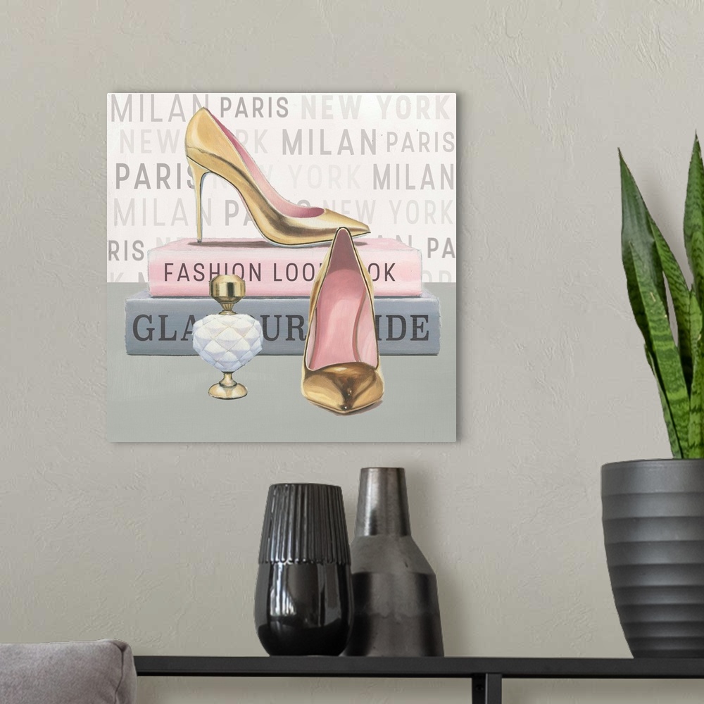 A modern room featuring Contemporary still life painting of stylish gold high heels, clutch, perfume bottle, and fashion ...
