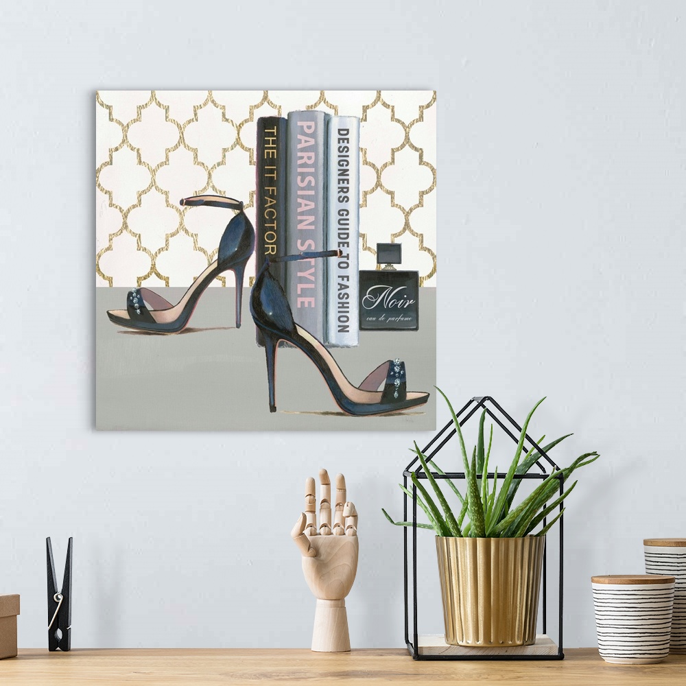 A bohemian room featuring Still life painting of stylish high heels, fashion books, and a Noir perfume bottle.