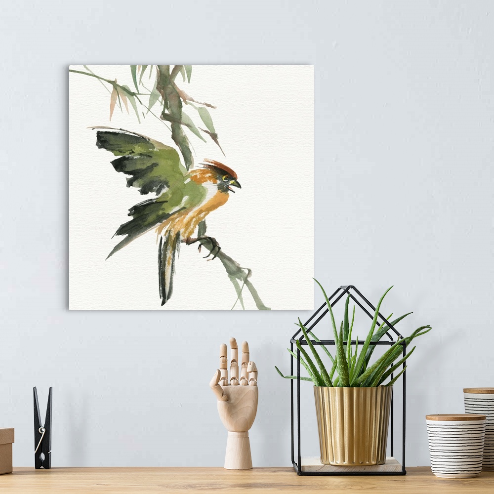 A bohemian room featuring Contemporary painting of a bird perched on a drooping branch.