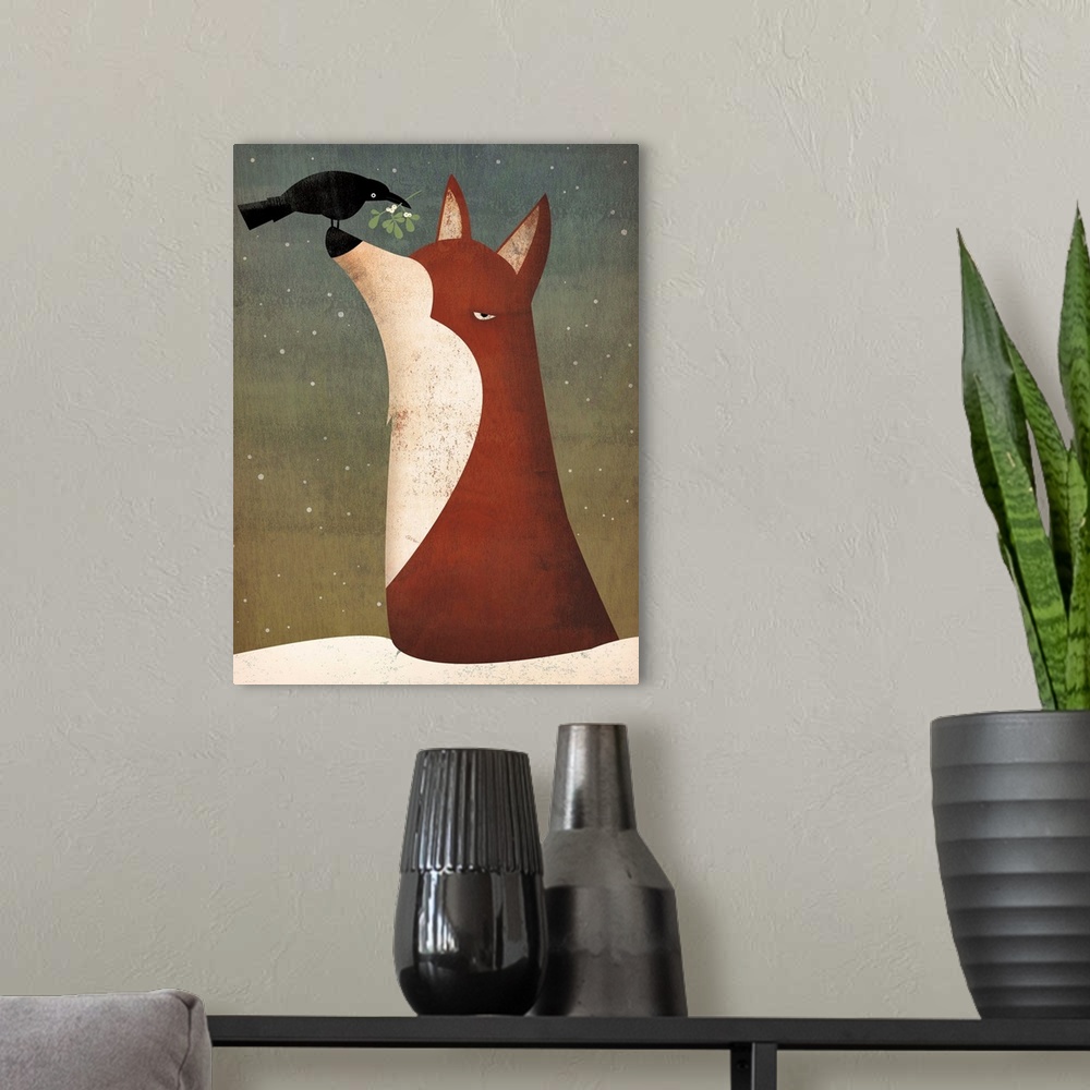 A modern room featuring Cute artwork of a fox with a crow holding mistletoe perched on its nose.