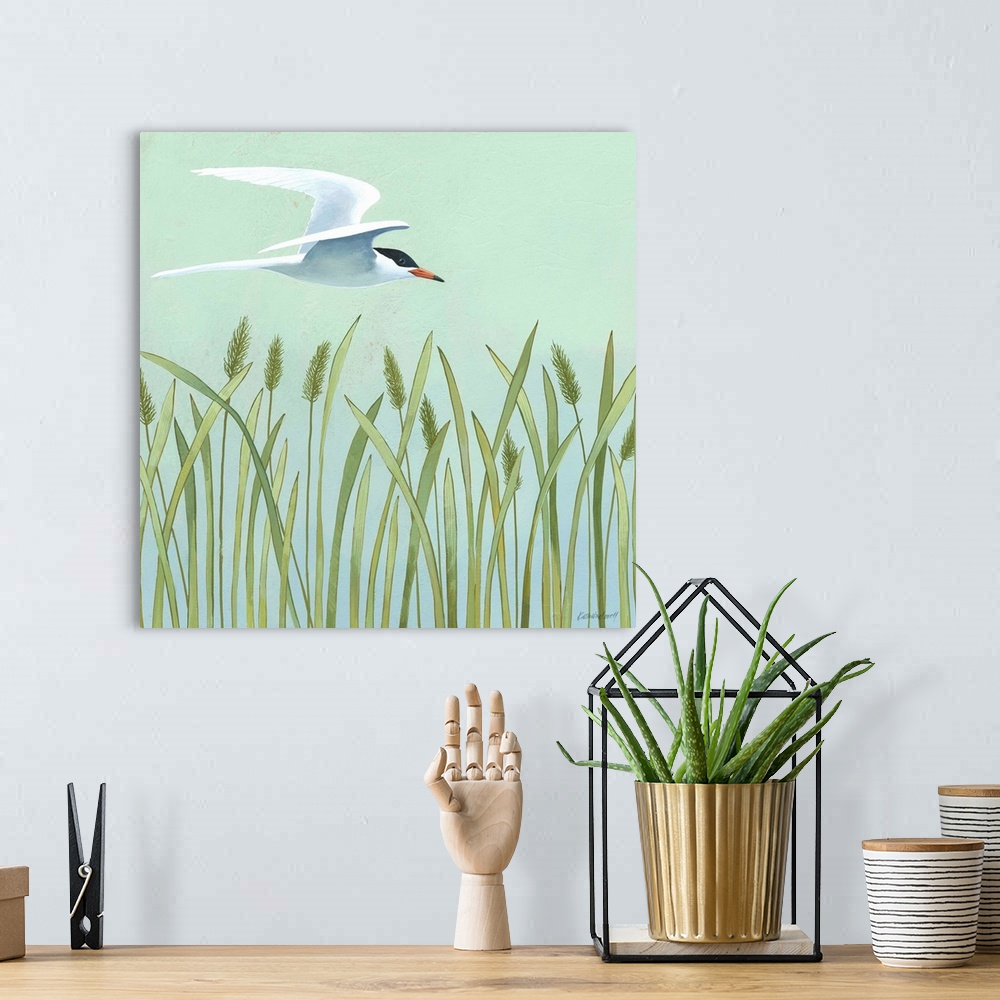 A bohemian room featuring Square painting of a Tern seabird in flight over long sea grass and cattails on a teal background.