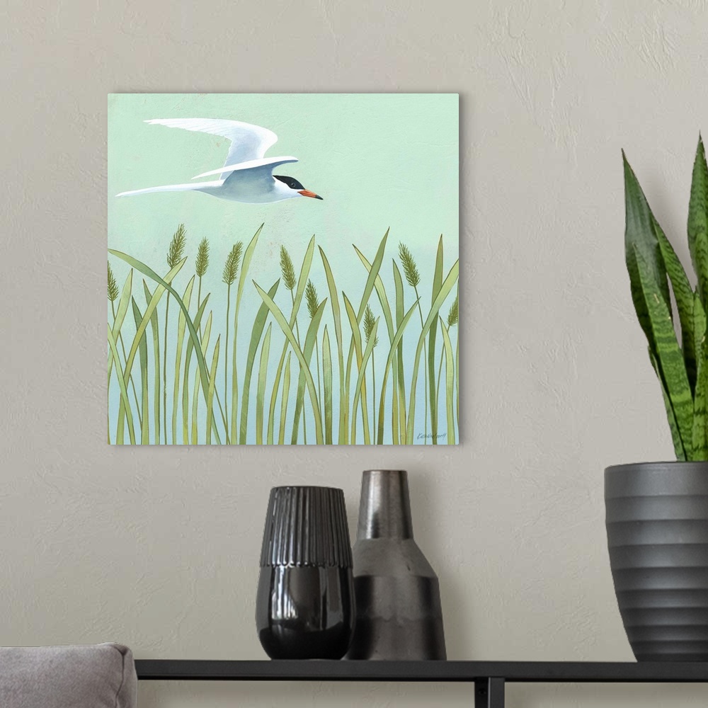 A modern room featuring Square painting of a Tern seabird in flight over long sea grass and cattails on a teal background.