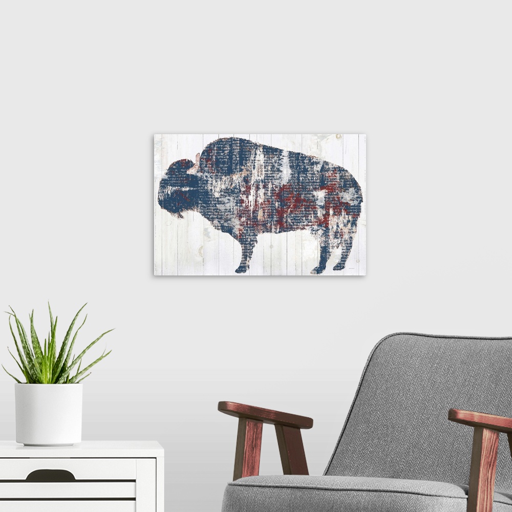 A modern room featuring Decorative artwork of the silhouette of a buffalo filled with distressed book pages over vertical...
