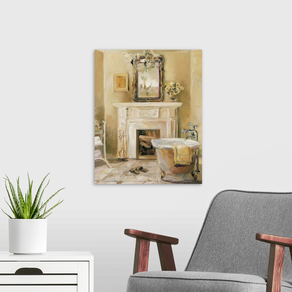 A modern room featuring Docor for the home that is a painting of a bathroom with a claw foot tub sitting in front of a sm...