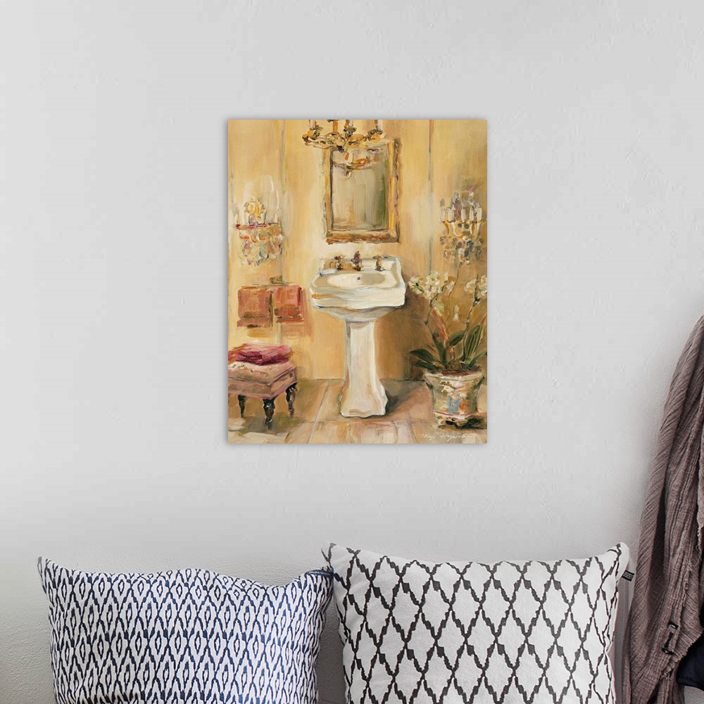 A bohemian room featuring Heavy brushstroke art piece of an elegant powder room sink with wall sconces and a chandelier.