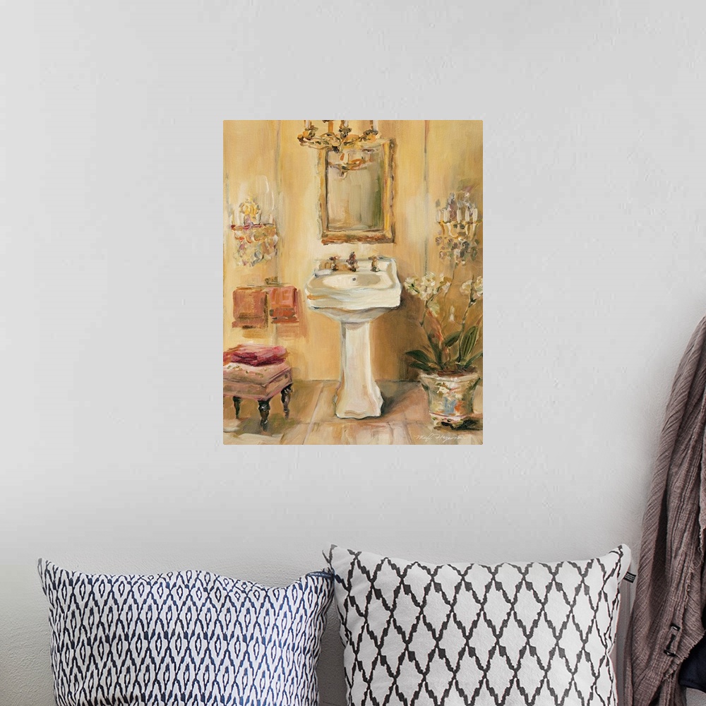 A bohemian room featuring Heavy brushstroke art piece of an elegant powder room sink with wall sconces and a chandelier.