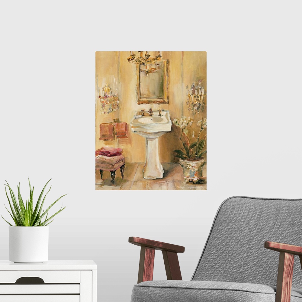 A modern room featuring Heavy brushstroke art piece of an elegant powder room sink with wall sconces and a chandelier.