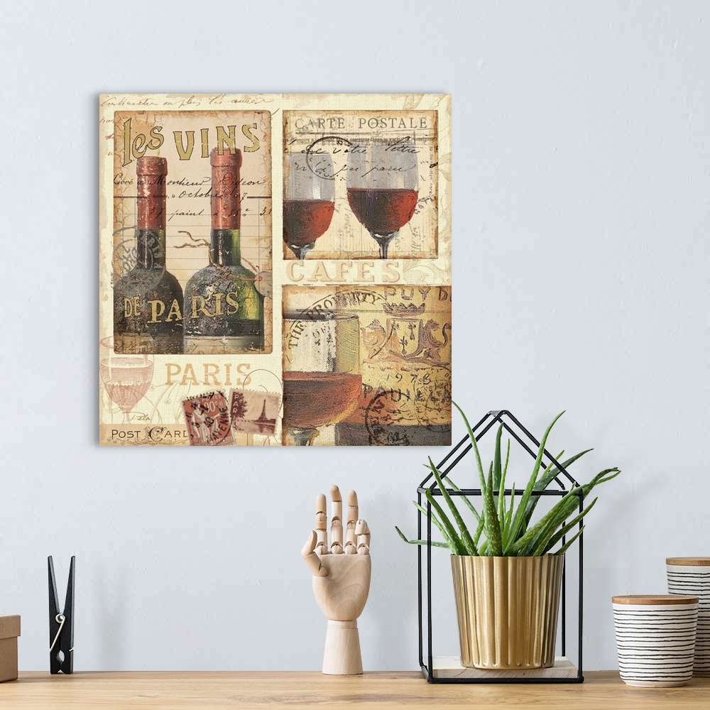 A bohemian room featuring Contemporary artwork of wine bottles and glasses filled with red wine, with text around the image.