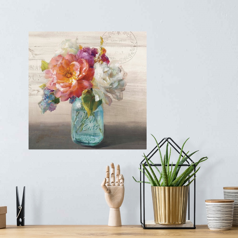 A bohemian room featuring Contemporary artwork of a bouquet of roses and peonies in a glass mason jar.