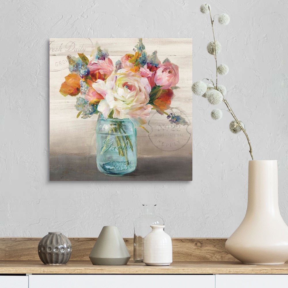 A farmhouse room featuring Contemporary artwork of a bouquet of roses and peonies in a glass mason jar.
