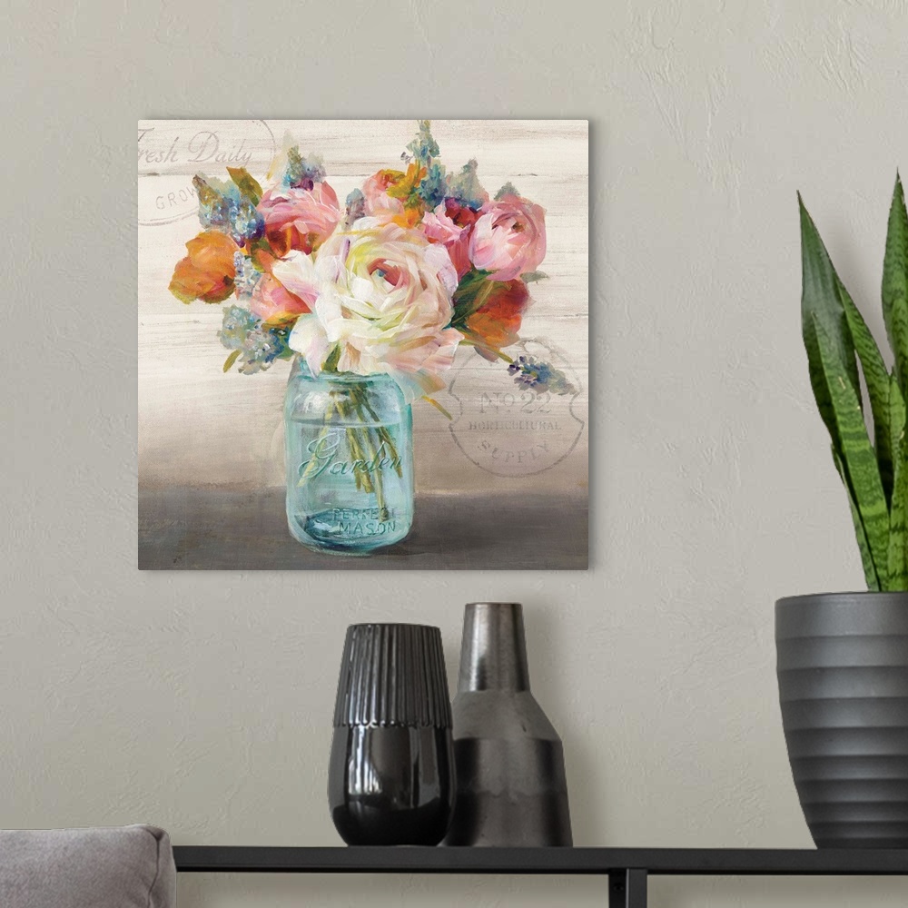 A modern room featuring Contemporary artwork of a bouquet of roses and peonies in a glass mason jar.