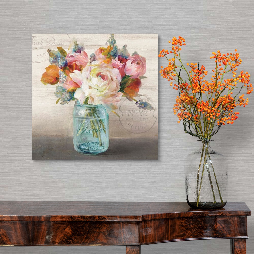 A traditional room featuring Contemporary artwork of a bouquet of roses and peonies in a glass mason jar.