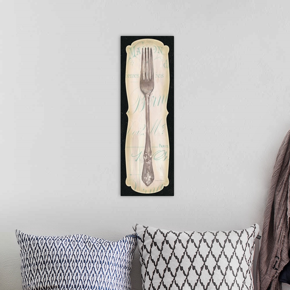 A bohemian room featuring Contemporary artwork of a silver fork on a decorative text background, with a black border.