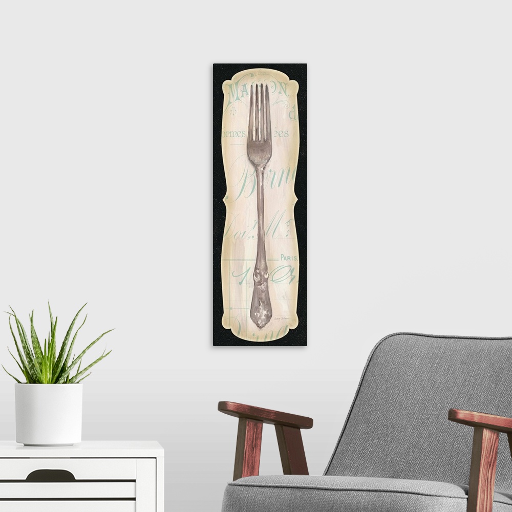 A modern room featuring Contemporary artwork of a silver fork on a decorative text background, with a black border.