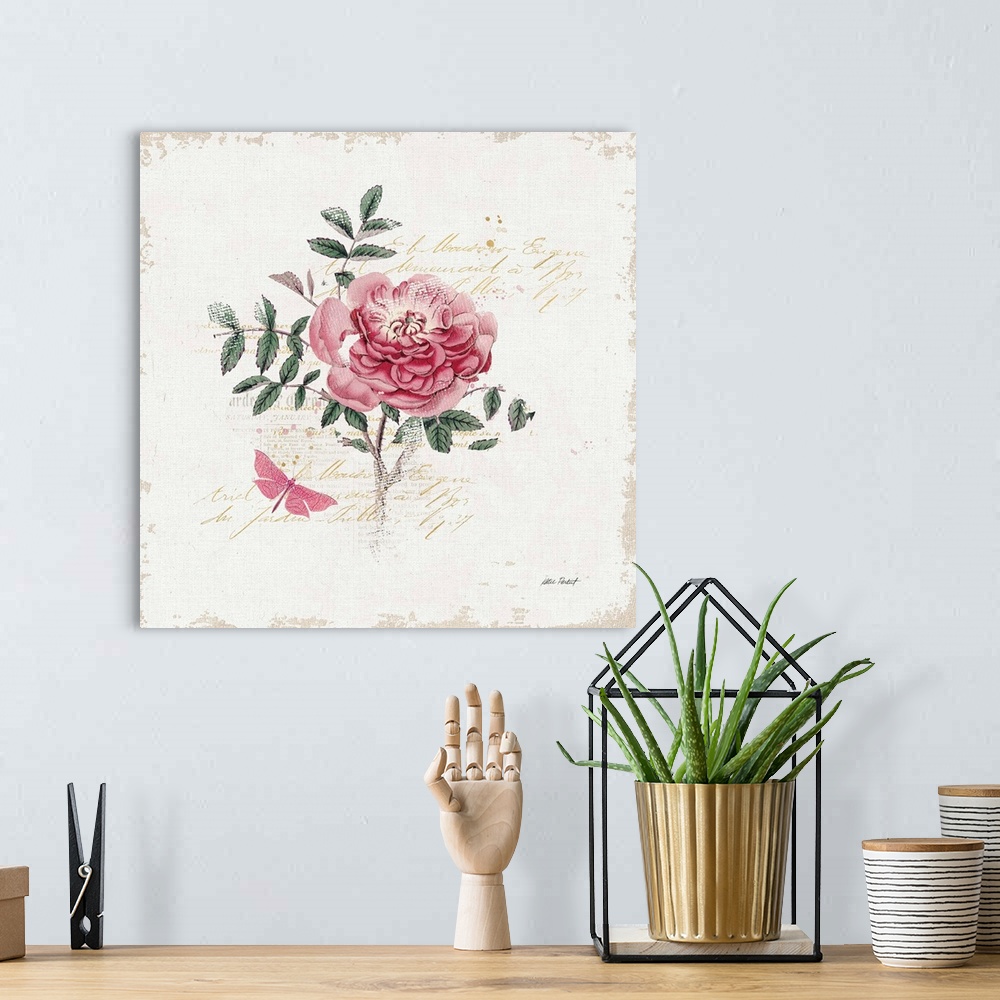 A bohemian room featuring Square collage with a pink rose and butterfly on a white textured background with gold handwritte...