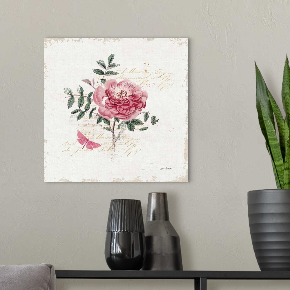 A modern room featuring Square collage with a pink rose and butterfly on a white textured background with gold handwritte...