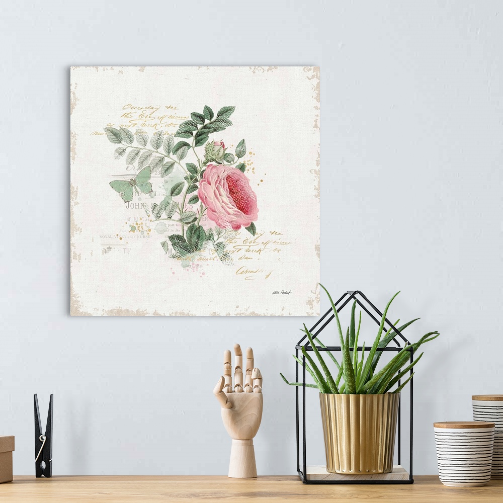 A bohemian room featuring Square collage with a pink rose and green butterfly on a white textured background with gold hand...