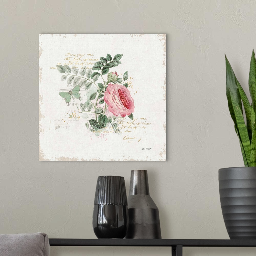 A modern room featuring Square collage with a pink rose and green butterfly on a white textured background with gold hand...