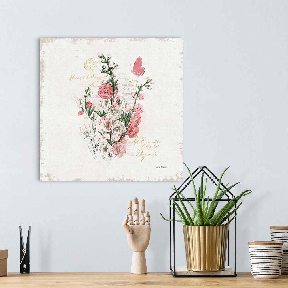 A bohemian room featuring Square collage with  pink flowers and butterfly on a white textured background with gold handwrit...