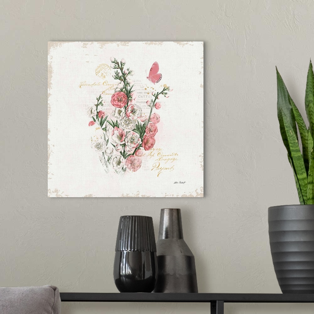 A modern room featuring Square collage with  pink flowers and butterfly on a white textured background with gold handwrit...