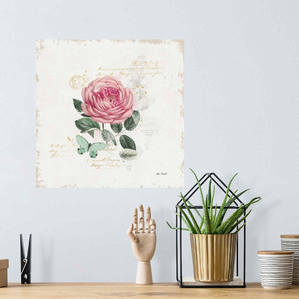A bohemian room featuring Square collage with a pink rose and green butterfly on a white textured background with gold hand...