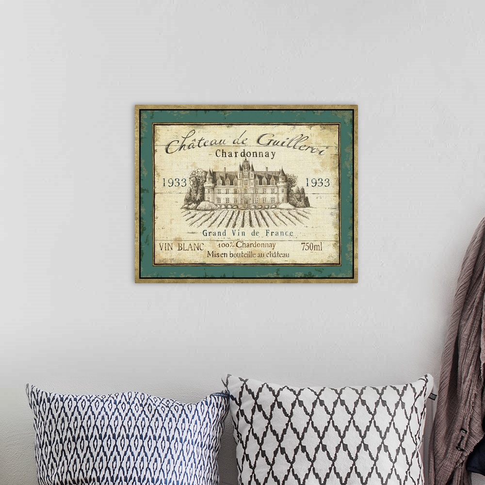 A bohemian room featuring Landscape home art docor on a big wall hanging of a vintage, French wine label for Chateau de Gui...