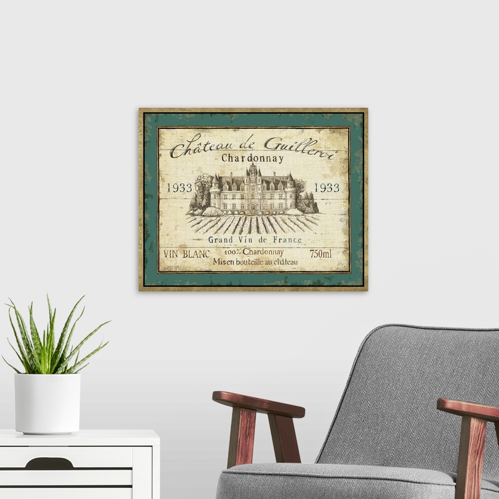 A modern room featuring Landscape home art docor on a big wall hanging of a vintage, French wine label for Chateau de Gui...