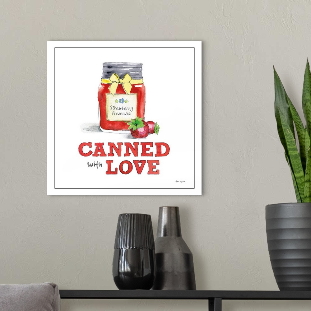 A modern room featuring Square kitchen decor with an illustration of strawberry jam/jelly and the text "Canned With Love"...