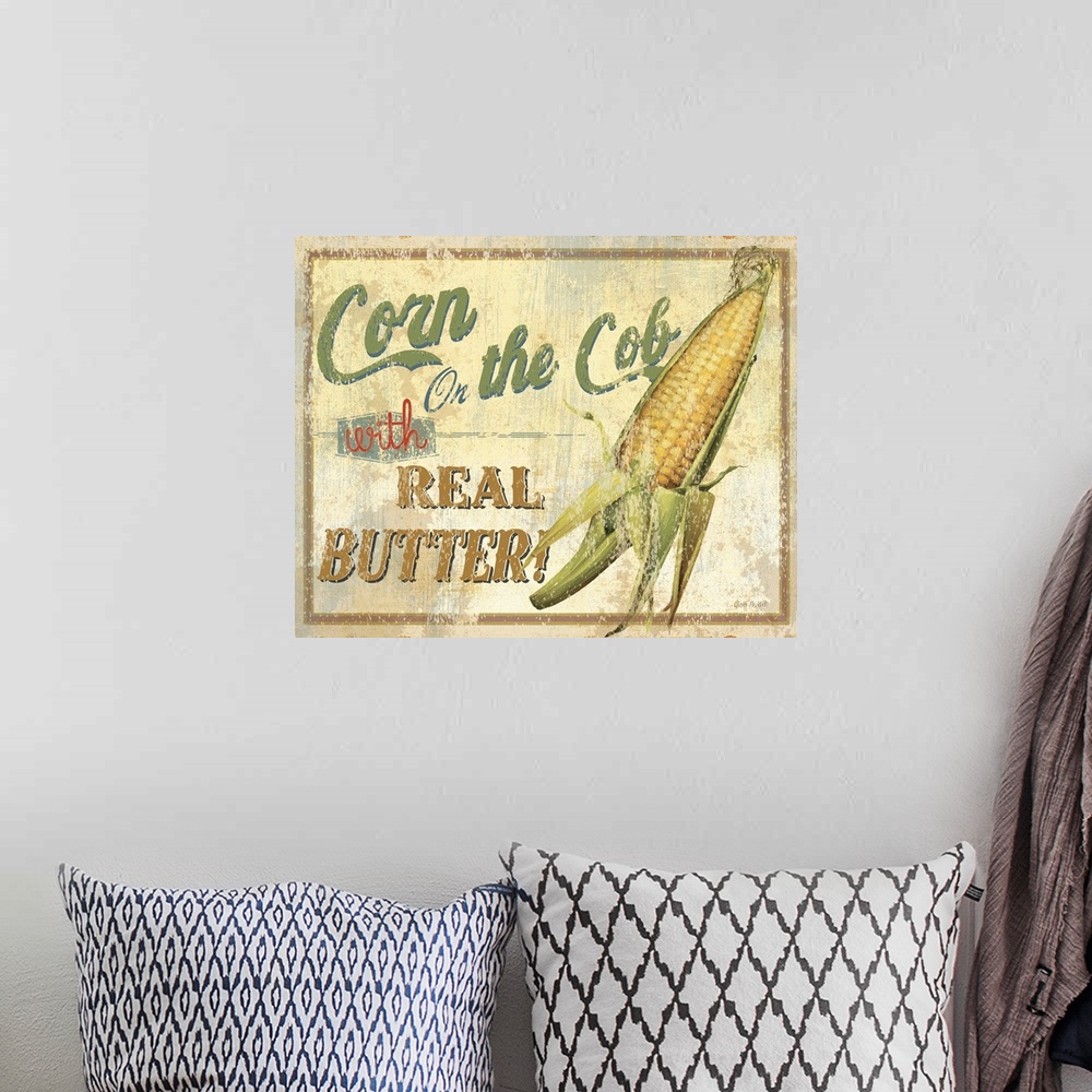 A bohemian room featuring Contemporary artwork of a vintage looking sign with corn to the right of the image and text to th...