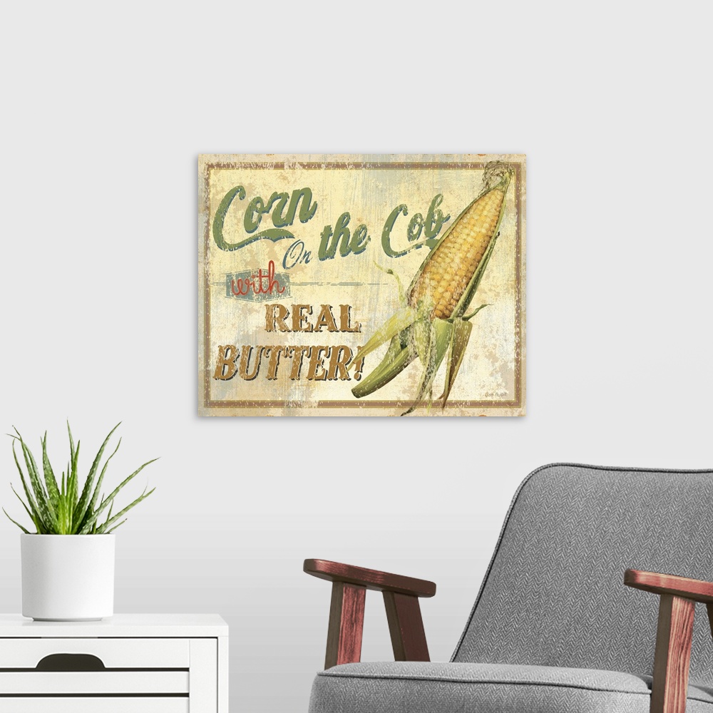 A modern room featuring Contemporary artwork of a vintage looking sign with corn to the right of the image and text to th...