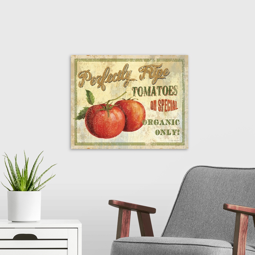 A modern room featuring Contemporary artwork of a vintage looking sign with tomatoes to the left of the image and text to...