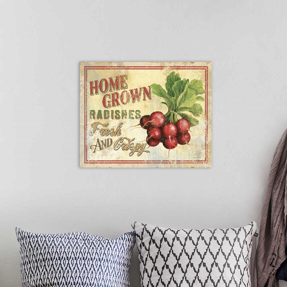 A bohemian room featuring Contemporary artwork of a vintage looking sign with radishes to the right of the image and text t...