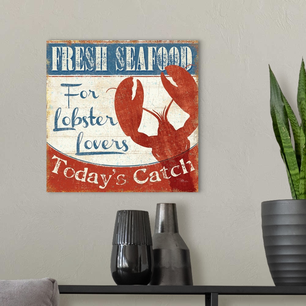 A modern room featuring Weathered sign for a fish market, with a large red lobster silhouette.