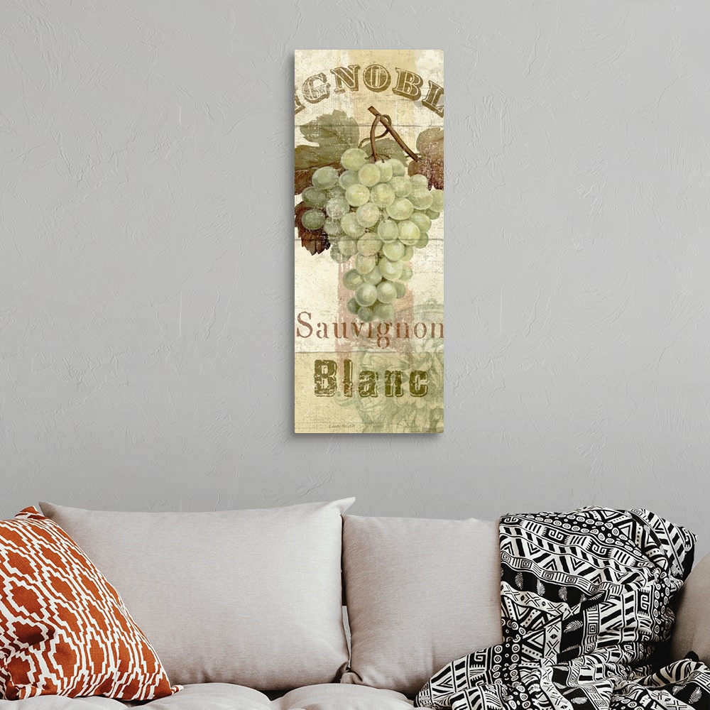 A bohemian room featuring Vertical panoramic mixed media artwork of grape bunch with text above and below it.