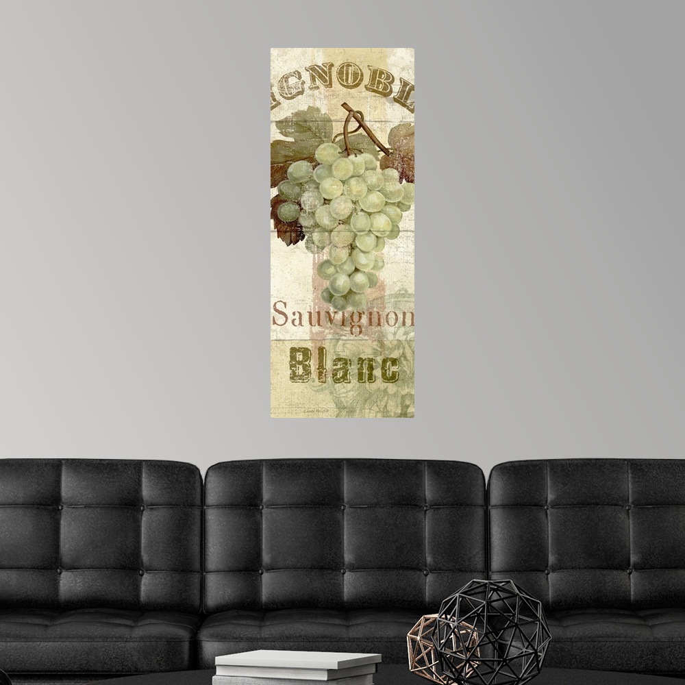 A modern room featuring Vertical panoramic mixed media artwork of grape bunch with text above and below it.