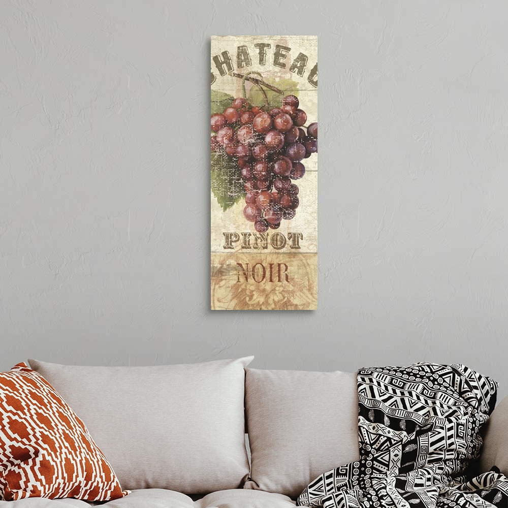 A bohemian room featuring Vertical, large home art docor with vintage feel, of a single bunch of grapes on a vine on a neut...