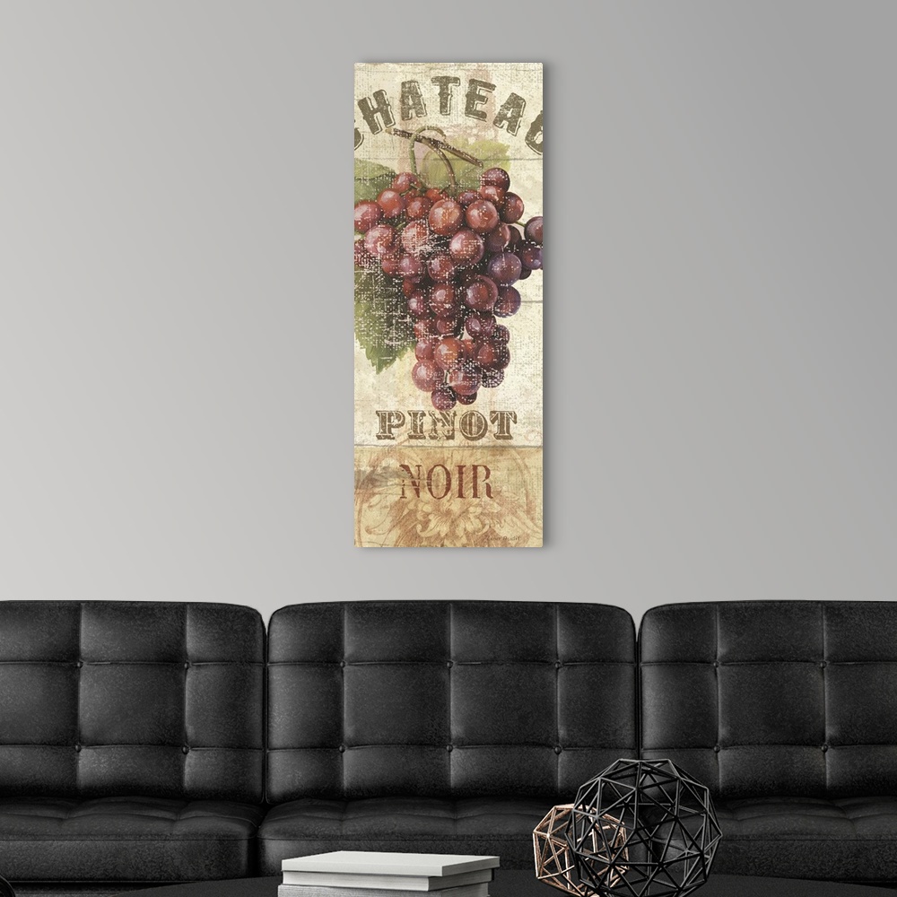 A modern room featuring Vertical, large home art docor with vintage feel, of a single bunch of grapes on a vine on a neut...