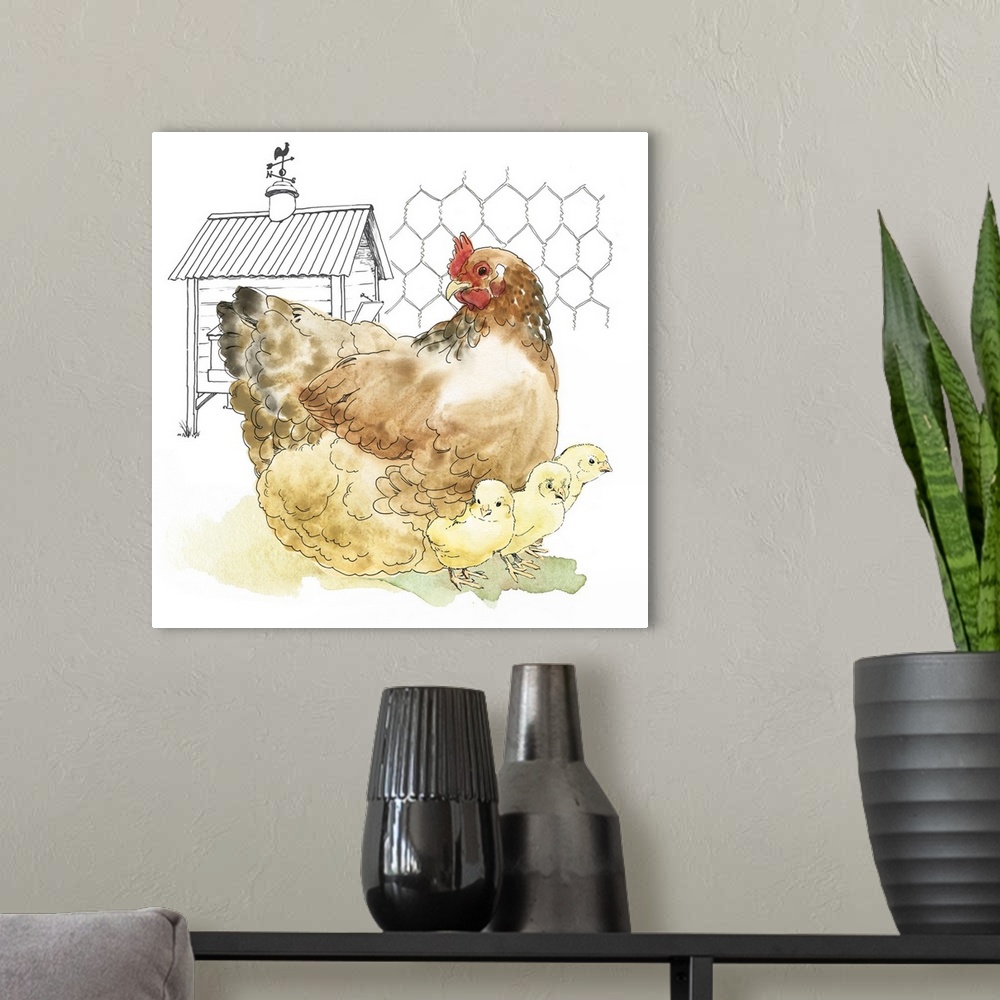 A modern room featuring Contemporary folk art themed artwork of a chicken against an illustrative background.