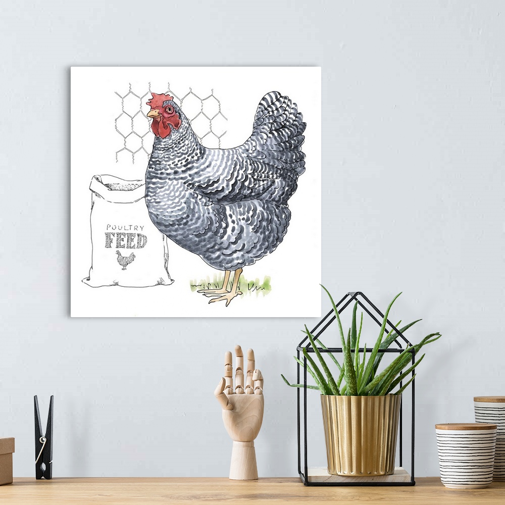 A bohemian room featuring Contemporary folk art themed artwork of a chicken against an illustrative background.