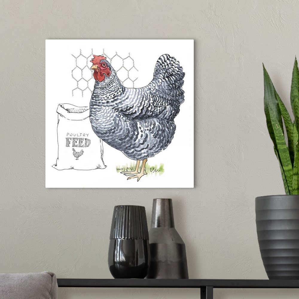 A modern room featuring Contemporary folk art themed artwork of a chicken against an illustrative background.