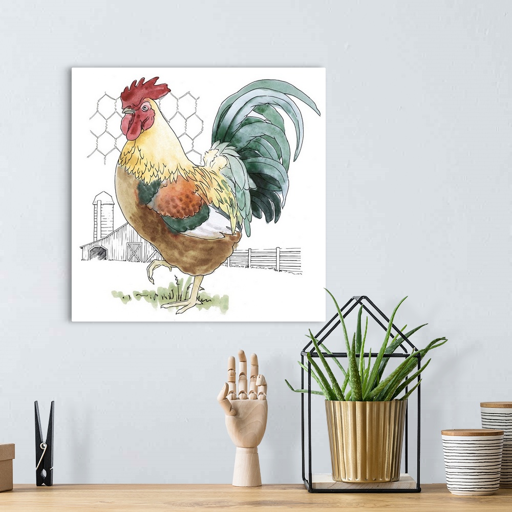 A bohemian room featuring Contemporary folk art themed artwork of a chicken against an illustrative background.