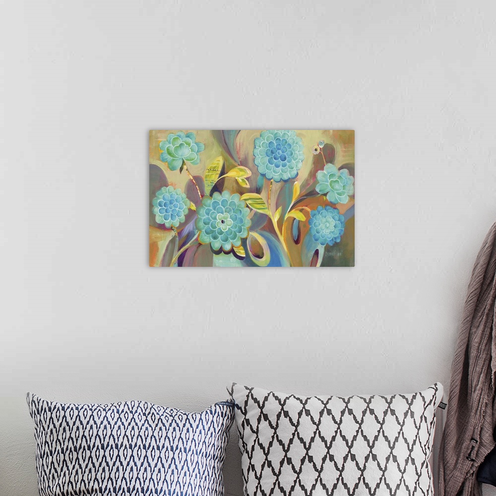 A bohemian room featuring Contemporary painting of several boho style flowers and leaves in bright colors.