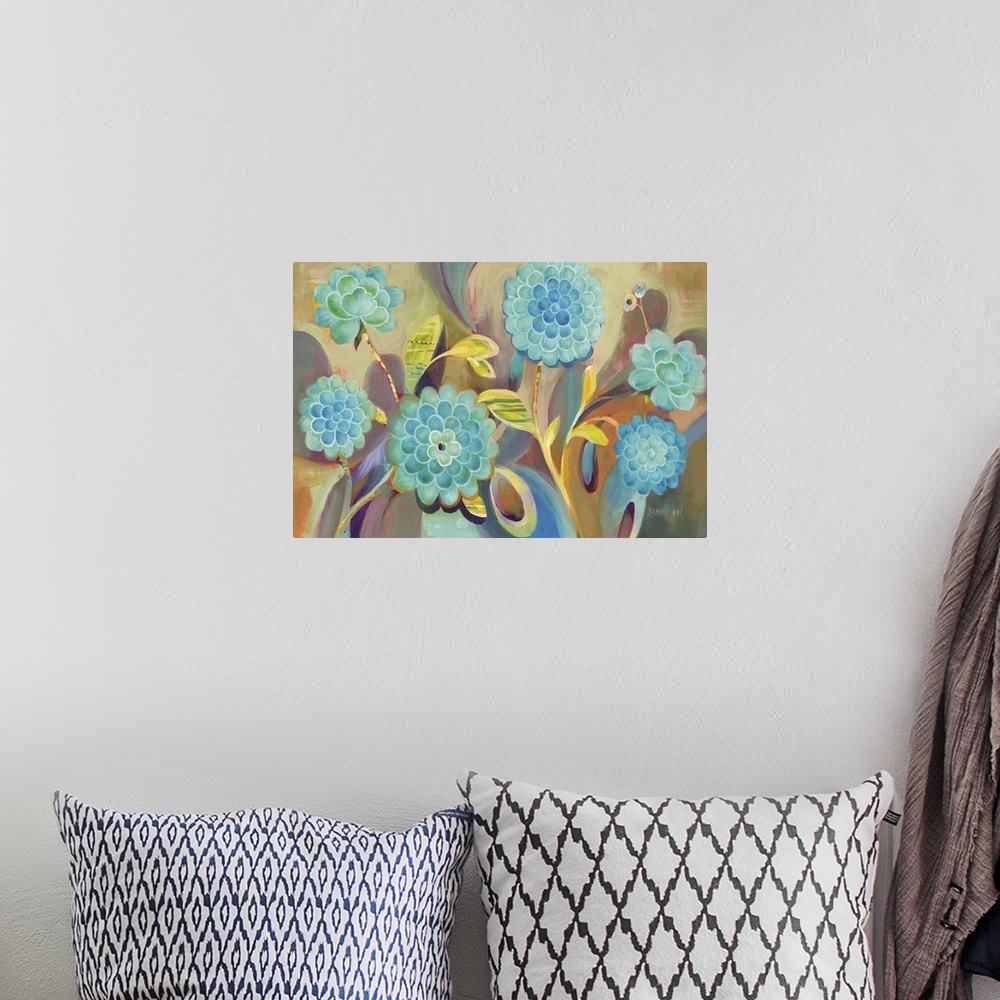 A bohemian room featuring Contemporary painting of several boho style flowers and leaves in bright colors.