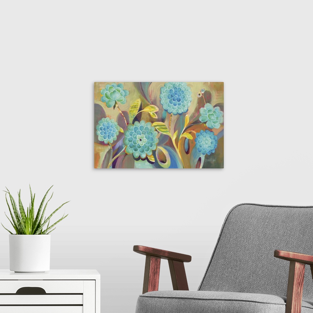 A modern room featuring Contemporary painting of several boho style flowers and leaves in bright colors.