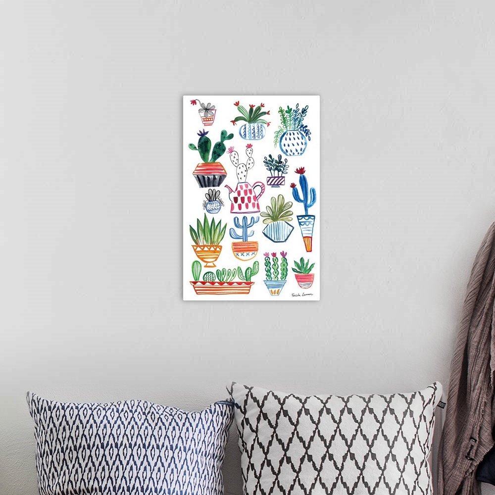 A bohemian room featuring Mismatch cactus plants in bright colors adorn this decorative artwork.