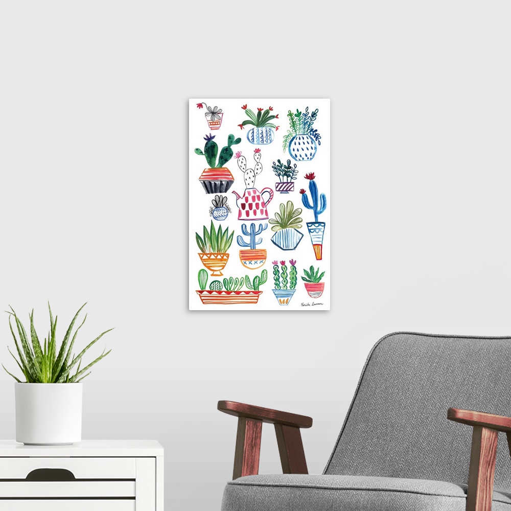 A modern room featuring Mismatch cactus plants in bright colors adorn this decorative artwork.