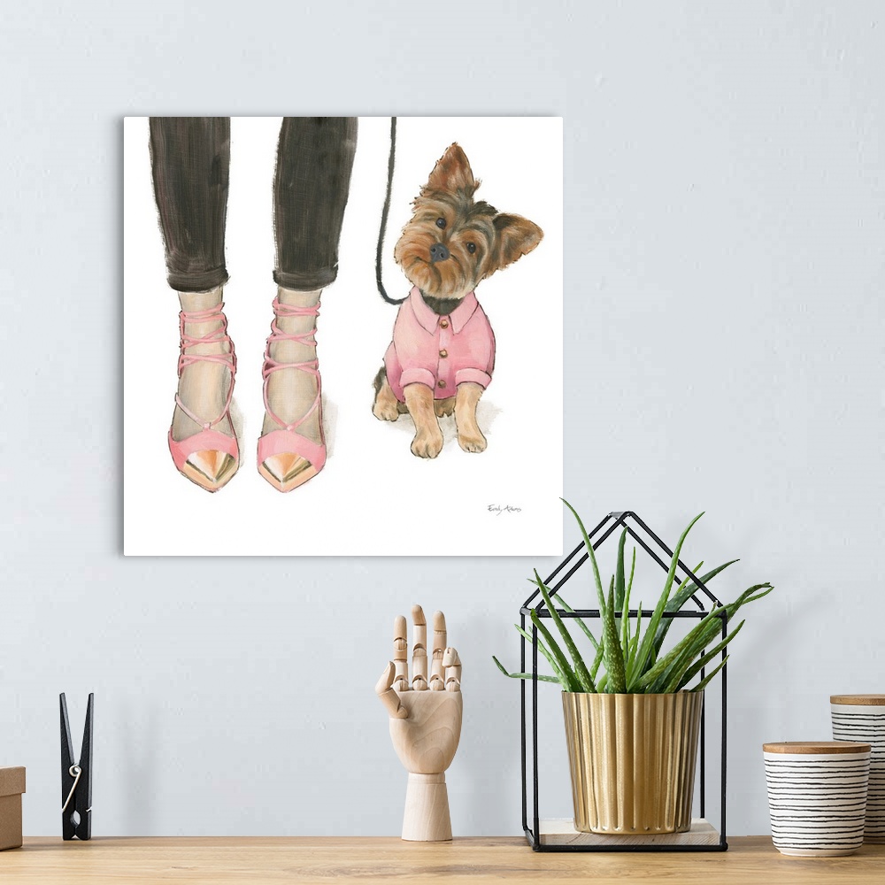 A bohemian room featuring Decorative illustration of a yorkshire terrier next to pink and gold high heels.
