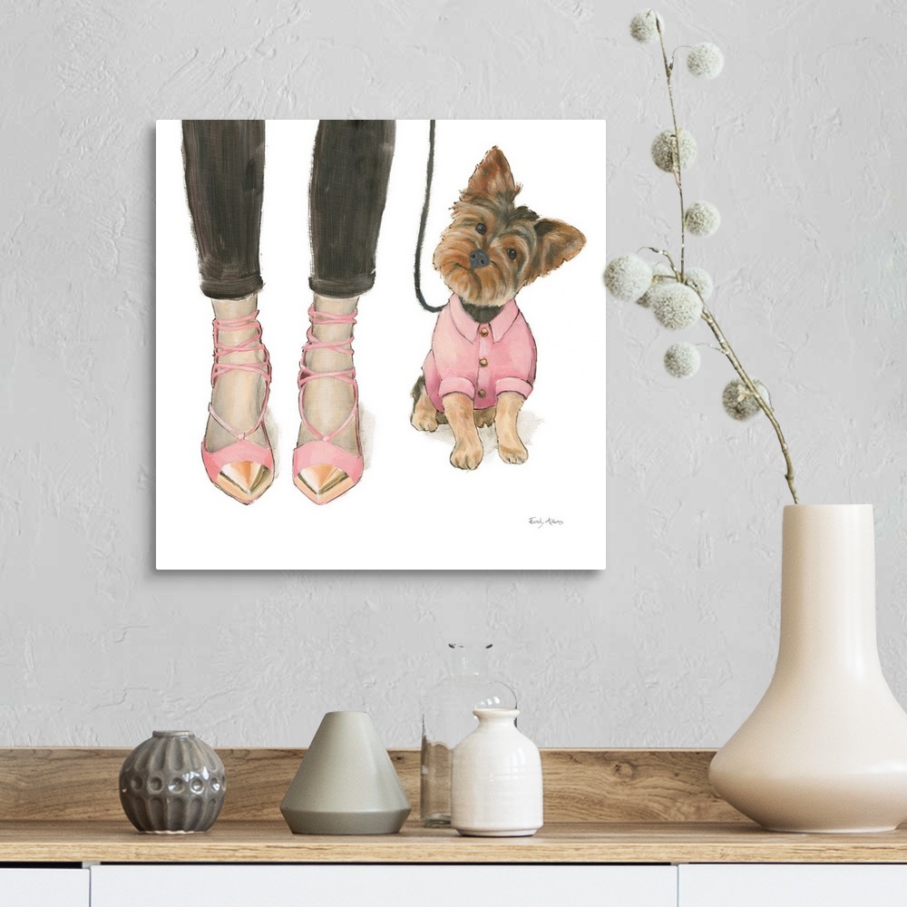 A farmhouse room featuring Decorative illustration of a yorkshire terrier next to pink and gold high heels.